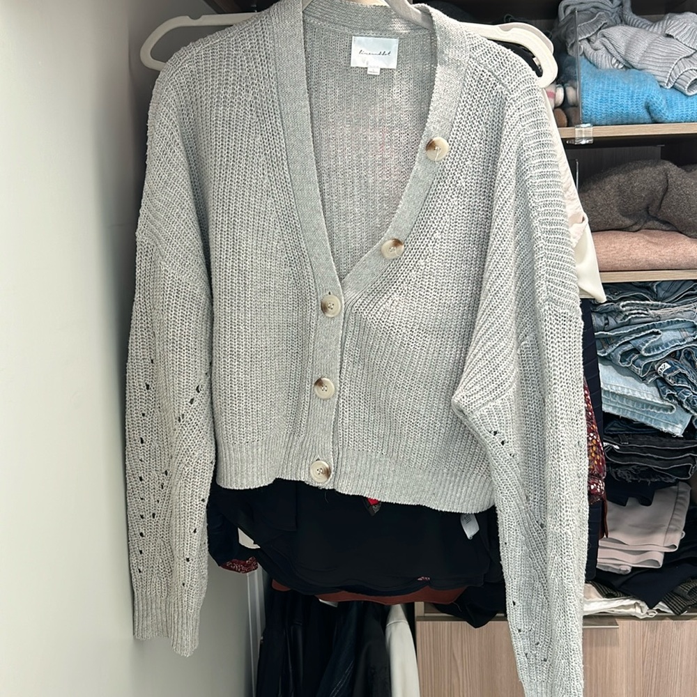 Line & Dot Cardigan Sweater Button Front Rib Knit Pointelle Taupe Womens Large